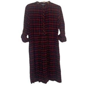 Lands End Womens Red Plaid Rayon Flannel Button Pin Tuck Roll Tab Dress Sz 10